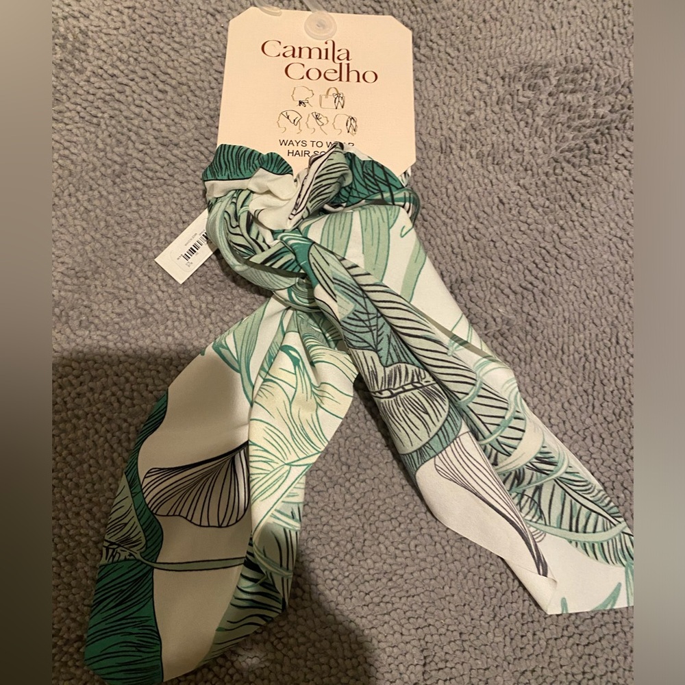 Camila Coelho green + white palm Botanical Print Hair Neck Scarf & Hair Tie 3 pc